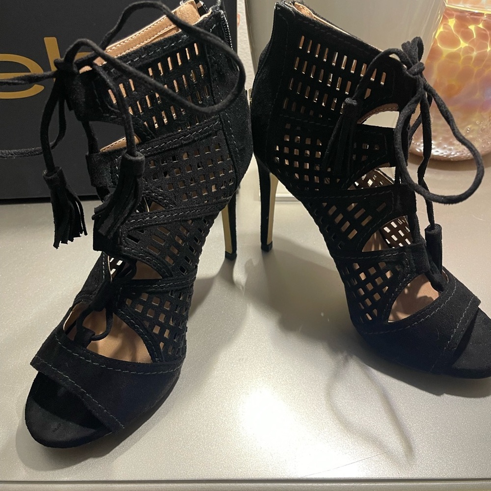 bebe Black Cutout Lace-Up Heels
